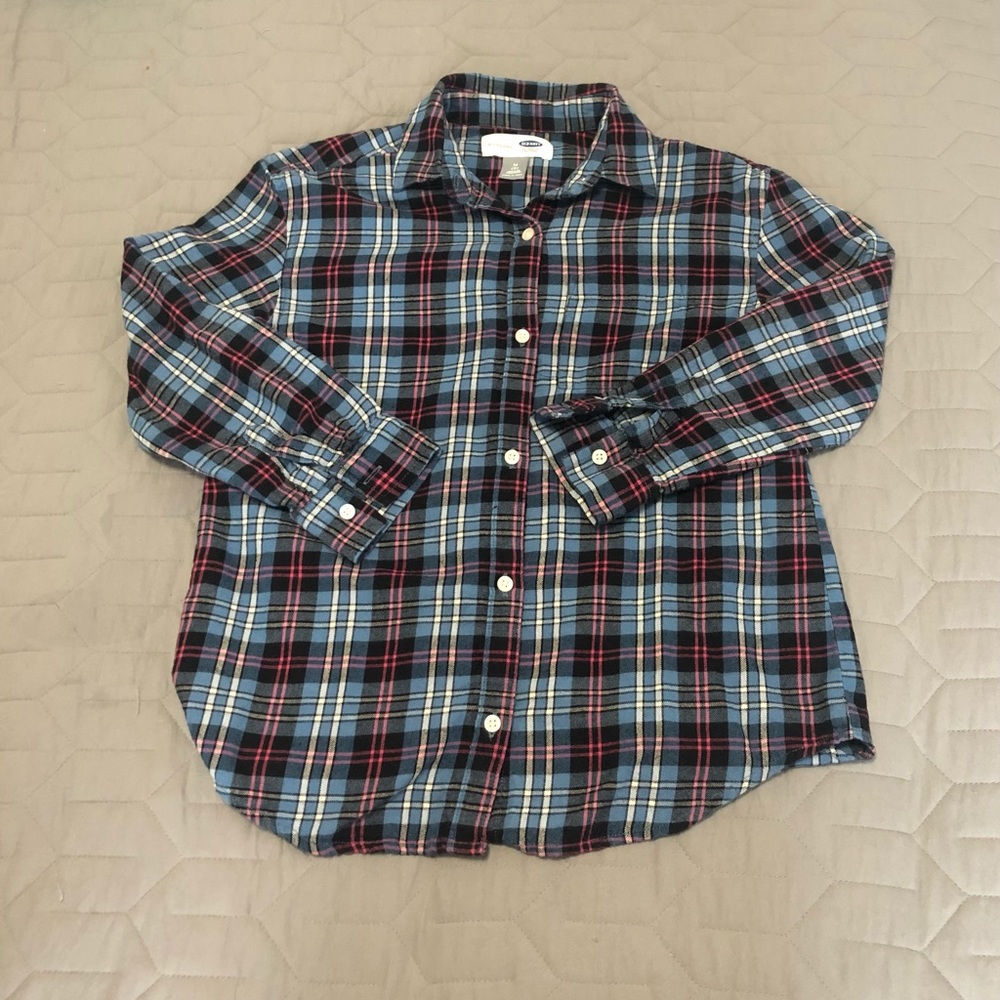 Old navy girls button down plaid shirt dark blue